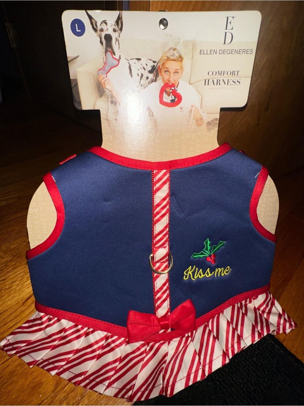 Christmas-themed holiday dog harness dress designed by ED Ellen DeGeneres